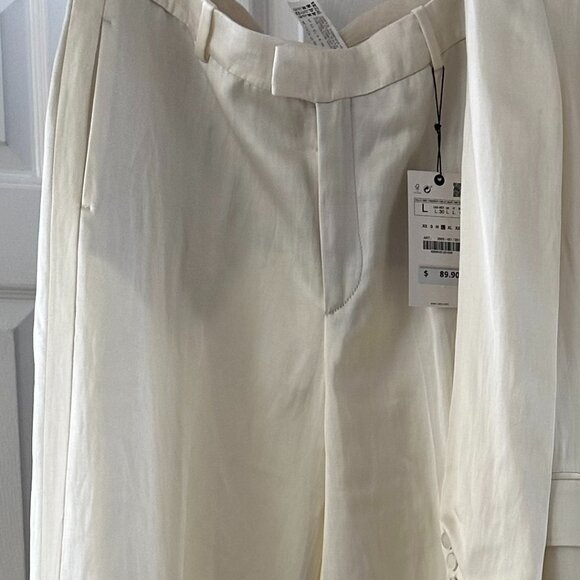 ZARA Wide Leg Tuxedo Stripe Satin Ivory Trouser Size Large - Picture 1 of 4